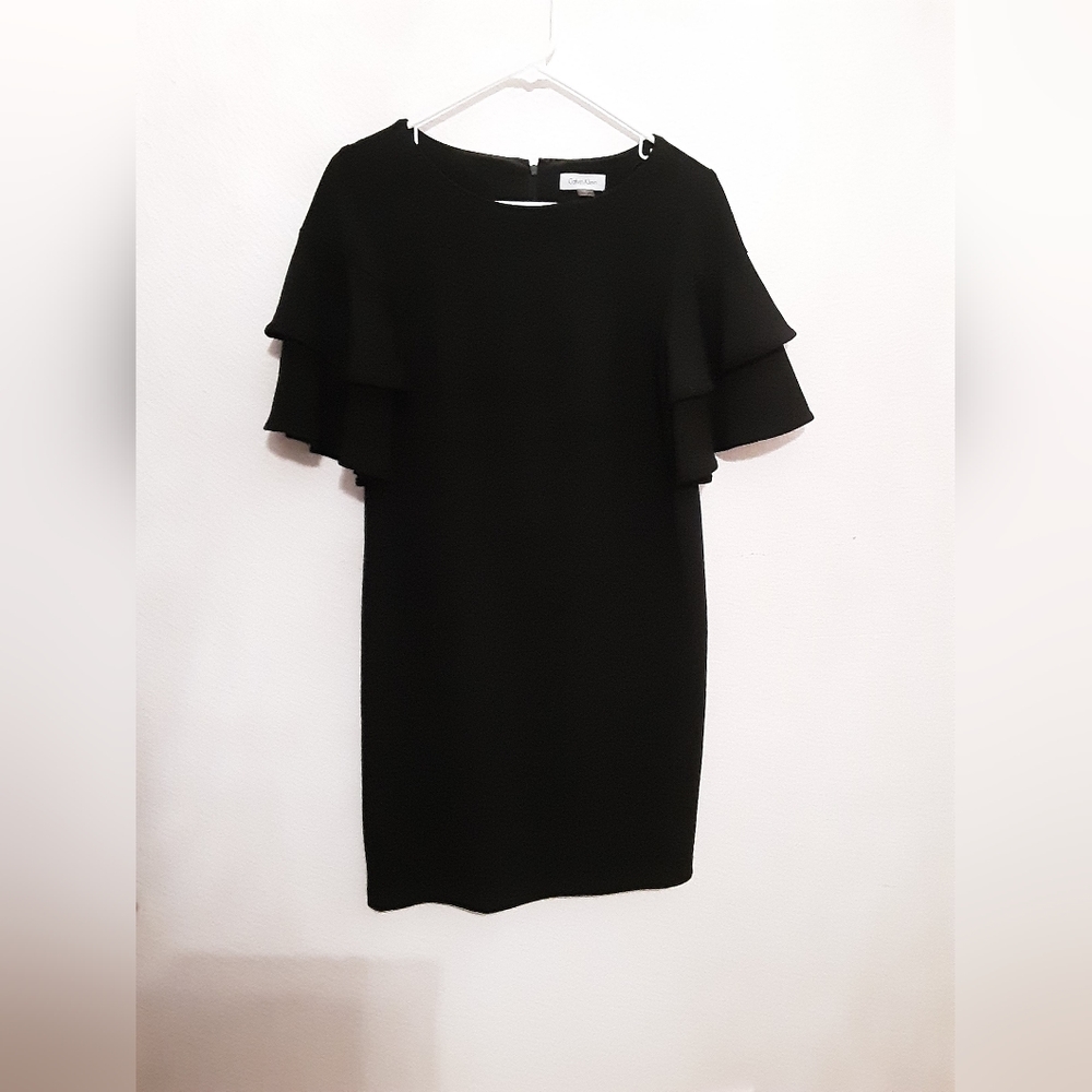 Calvin Klein Black Long Sleeve Ruffle Shift Dress